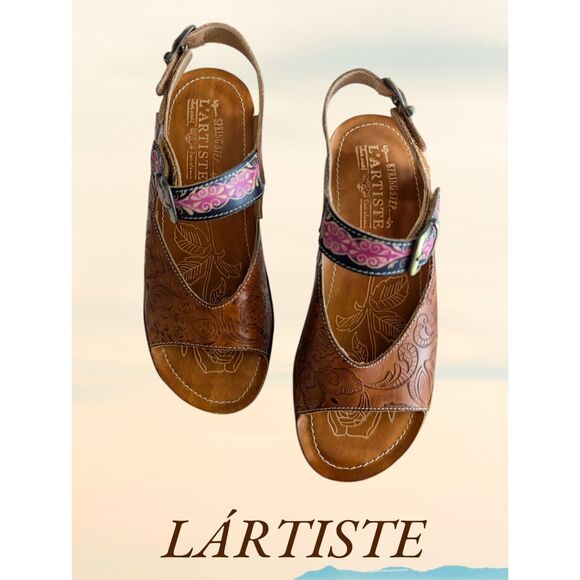 L' Artiste by Spring Step Teddy Leather Wedge Sandals  Sz 37 - Picture 1 of 11